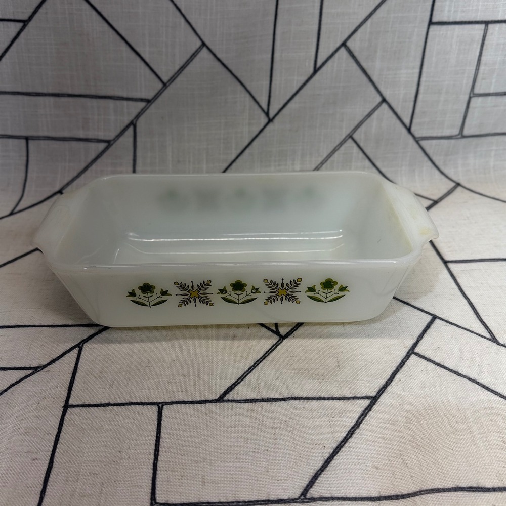 Anchor Hocking Fire-King Loaf Pan 1 Qt White Meadow Green Milk Glass Vintage